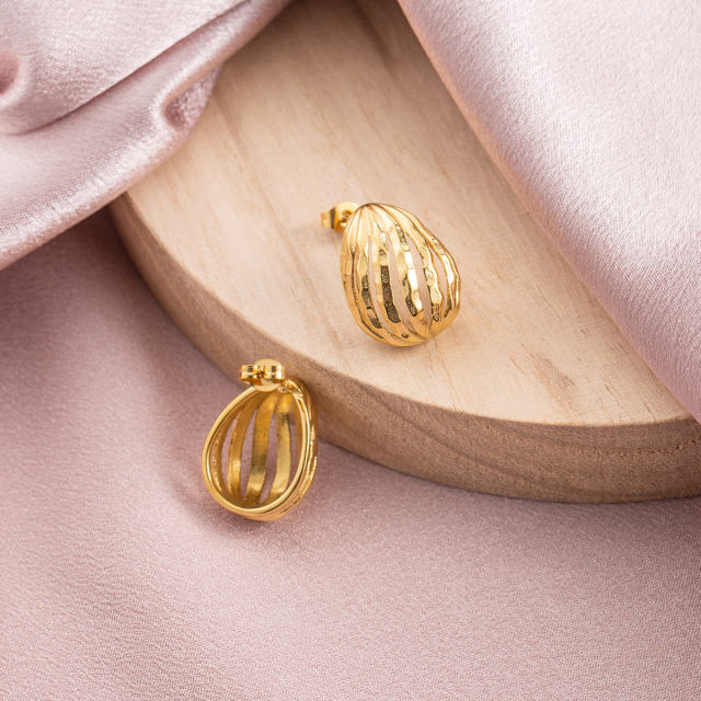 18K Gold Plated Stainless Steel Hollow Water Drop Stud Earrings for Women, Dainty Hammered Textured Minimalist Jewelry Gift