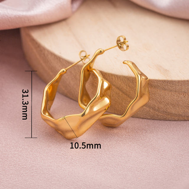 18K Gold Plated Stainless Steel Irregular Hammered Hoop Earrings for Women, Vacuum Plated Tarnish-Free Geometric Huggie Earrings, Dainty Jewelry Gifts