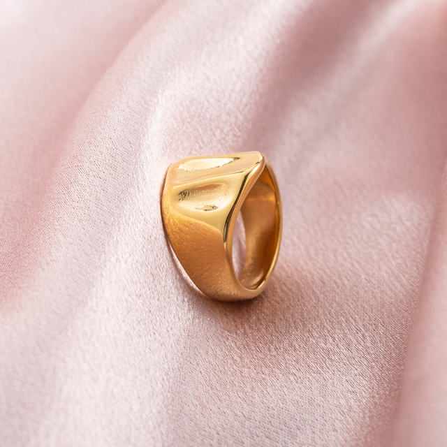 18K Gold Plated Stainless Steel Chunky Statement Ring for Women, Irregular Molten/Wavy Dome Wide Band, Minimalist Waterproof Geometric Jewelry