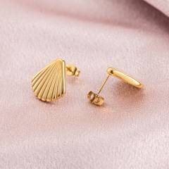 18K Gold Plated Stainless Steel Stud Earrings for Women, Anti-Allergy Dainty Shell Textured Geometric Fan Shape Minimalist Jewelry Gift