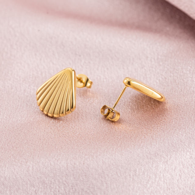 18K Gold Plated Stainless Steel Stud Earrings for Women, Anti-Allergy Dainty Shell Textured Geometric Fan Shape Minimalist Jewelry Gift