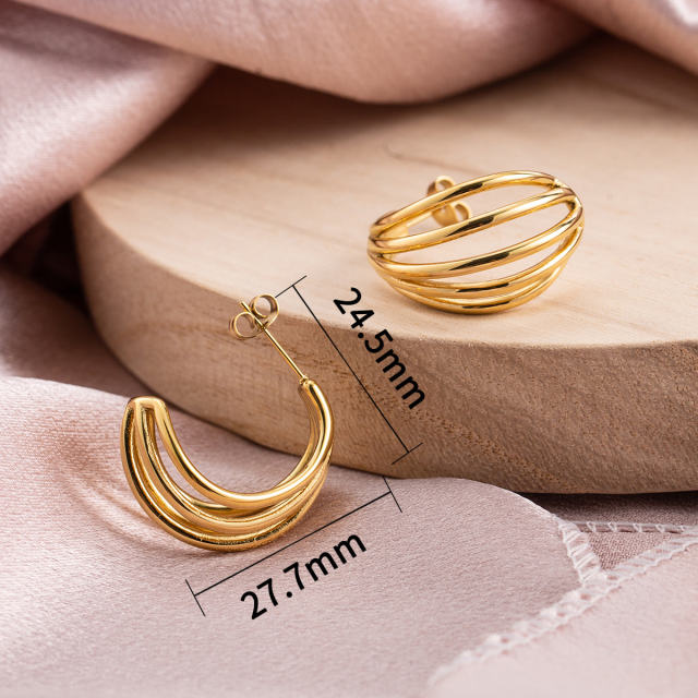 Chunky Multi-Layered Stainless Steel Hoop Earrings for Women, 18K Gold Plated Waterproof Thick Wide C-Shaped Statement Jewelry
