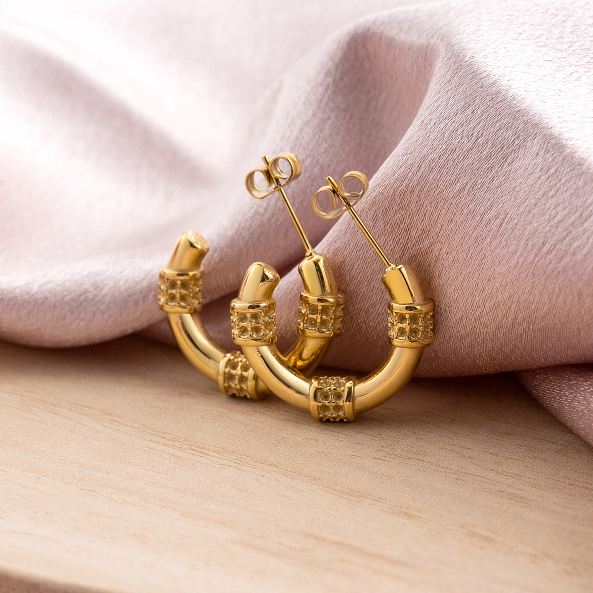 18K Gold Plated Stainless Steel C Hoop Earrings for Women, Dainty Hypoallergenic Textured Huggie Earrings, Water Resistant Half Moon Studs