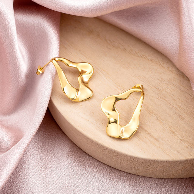 18K Gold Plated Stainless Steel Irregular Drop Stud Earrings for Women, Abstract Fluid Trendy Statement Jewelry