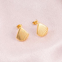 18K Gold Plated Stainless Steel Stud Earrings for Women, Anti-Allergy Dainty Shell Textured Geometric Fan Shape Minimalist Jewelry Gift