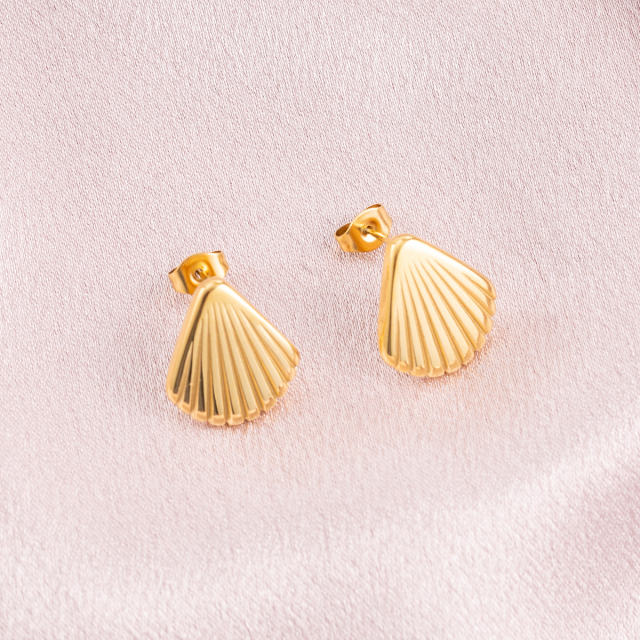18K Gold Plated Stainless Steel Stud Earrings for Women, Anti-Allergy Dainty Shell Textured Geometric Fan Shape Minimalist Jewelry Gift