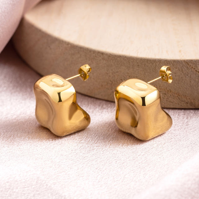 18K Gold Plated Stainless Steel Irregular Square Chunky Stud Earrings, 19.4mm x 17.5mm Geometric Puffy Statement Earrings, Non Tarnish Hypoallergenic Jewelry Gift