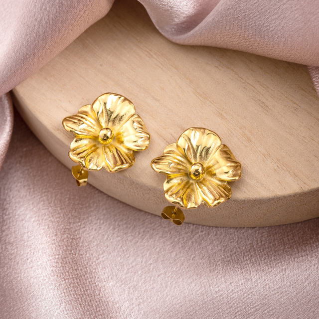 Chunky Flower Stud Earrings for Women, 18K Gold Vacuum Plated Stainless Steel, Hypoallergenic Floral Statement Jewelry, 24.1mm Textured Petals, Tarnish-Resistant Gift