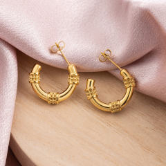 18K Gold Plated Stainless Steel C Hoop Earrings for Women, Dainty Hypoallergenic Textured Huggie Earrings, Water Resistant Half Moon Studs