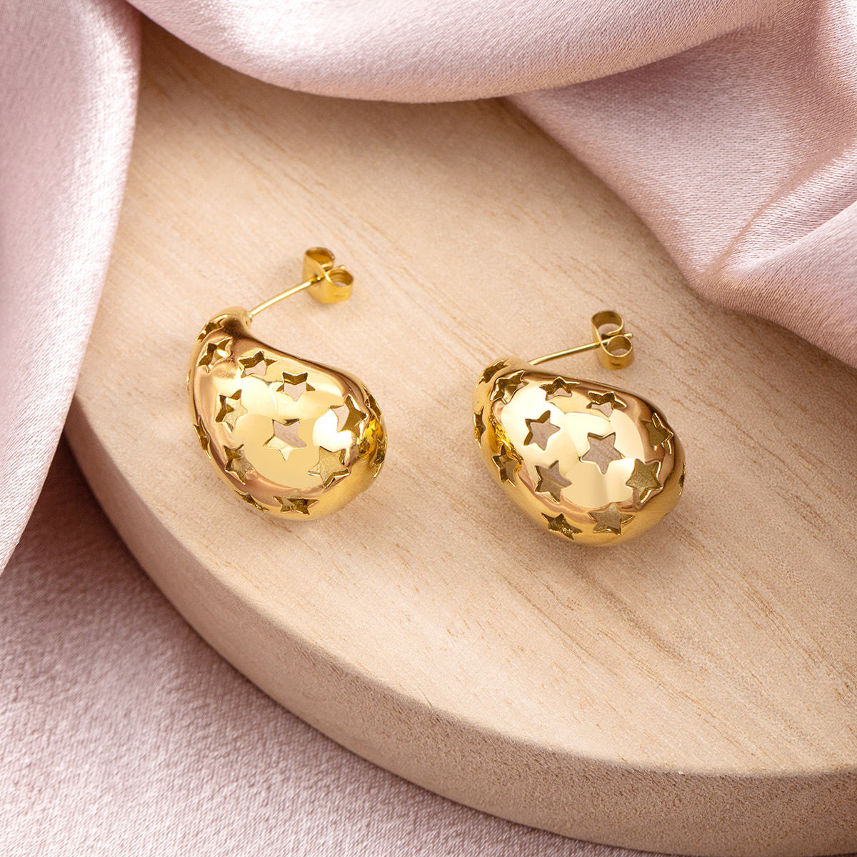 18K Gold PVD Plated Stainless Steel Hollow Star Drop Earrings for Women, Waterproof Tarnish Free Crescent Studs, Hypoallergenic Trendy Jewelry
