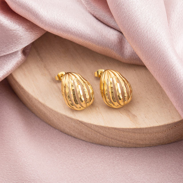 18K Gold Plated Stainless Steel Hollow Water Drop Stud Earrings for Women, Dainty Hammered Textured Minimalist Jewelry Gift
