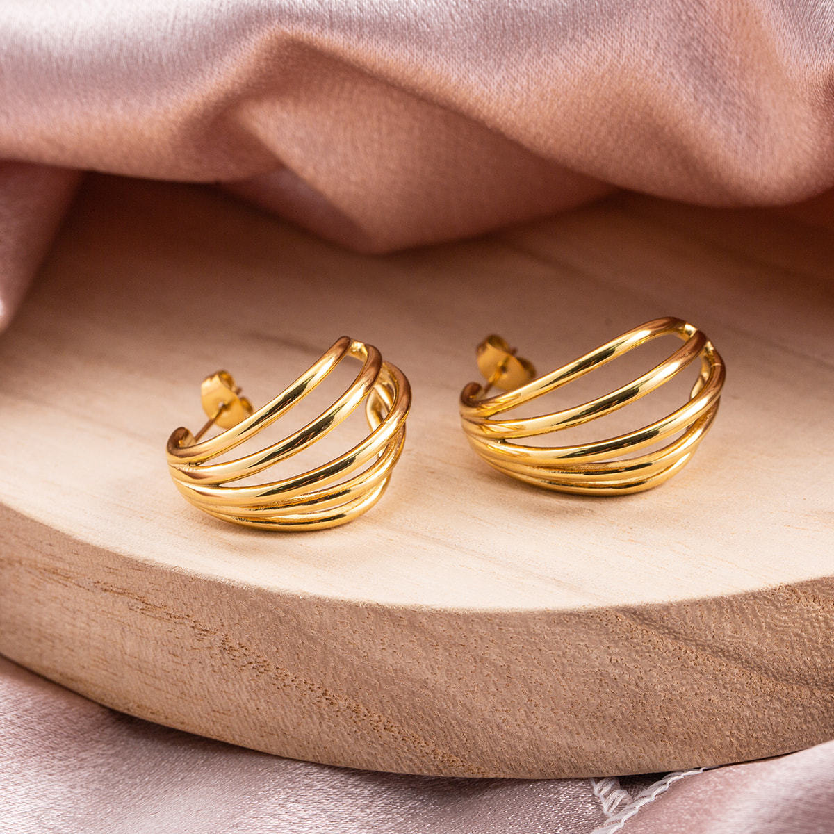 Chunky Multi-Layered Stainless Steel Hoop Earrings for Women, 18K Gold Plated Waterproof Thick Wide C-Shaped Statement Jewelry
