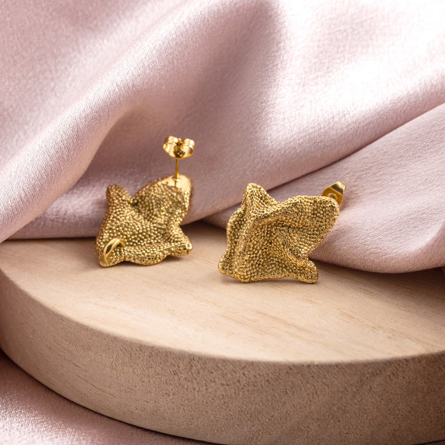 18K Gold Plated Stainless Steel Starfish Stud Earrings for Women, Trendy Textured Irregular Statement Earrings Hypoallergenic Jewelry