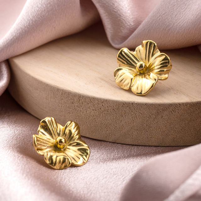 Chunky Flower Stud Earrings for Women, 18K Gold Vacuum Plated Stainless Steel, Hypoallergenic Floral Statement Jewelry, 24.1mm Textured Petals, Tarnish-Resistant Gift