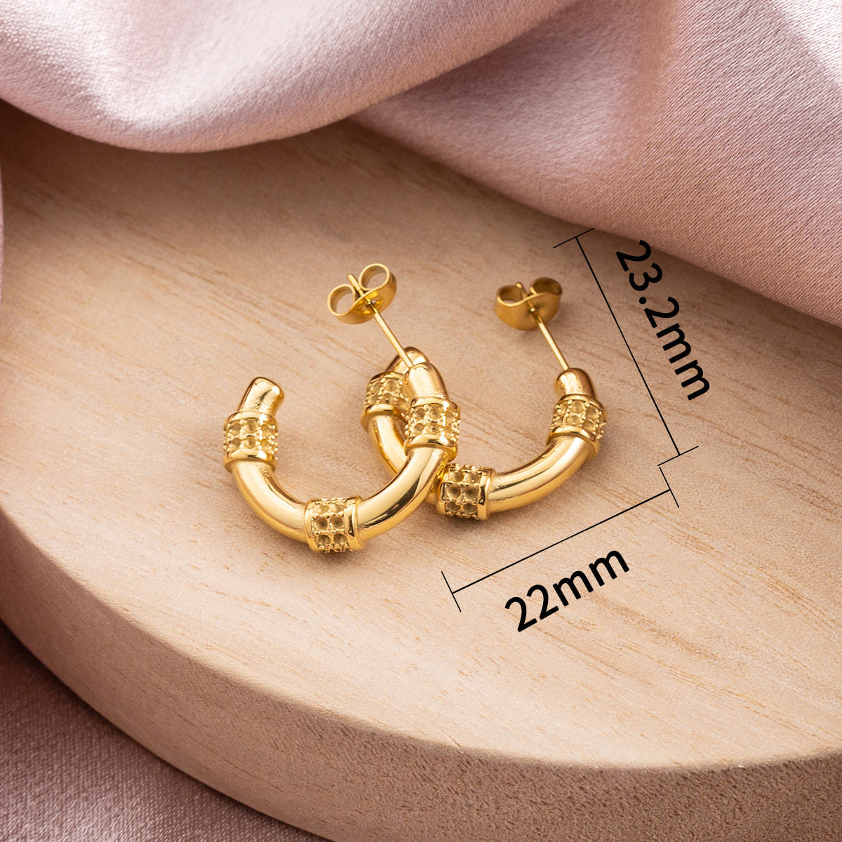 18K Gold Plated Stainless Steel C Hoop Earrings for Women, Dainty Hypoallergenic Textured Huggie Earrings, Water Resistant Half Moon Studs