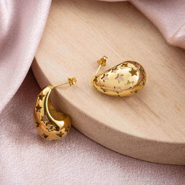 18K Gold PVD Plated Stainless Steel Hollow Star Drop Earrings for Women, Waterproof Tarnish Free Crescent Studs, Hypoallergenic Trendy Jewelry