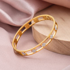 18K Gold Plated Stainless Steel Bangle Bracelet for Women, Hollow Flower CZ Inlaid Cuff Bracelet, Hypoallergenic Clasp ID Bangle Jewelry Gift