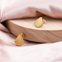 18K Gold Plated Stainless Steel Stud Earrings for Women, Anti-Allergy Dainty Shell Textured Geometric Fan Shape Minimalist Jewelry Gift
