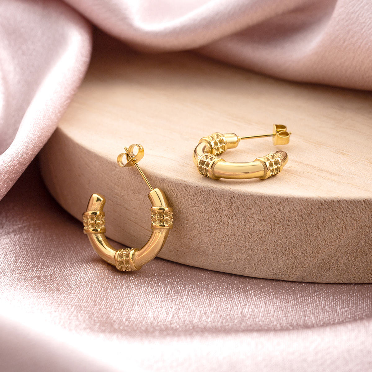18K Gold Plated Stainless Steel C Hoop Earrings for Women, Dainty Hypoallergenic Textured Huggie Earrings, Water Resistant Half Moon Studs