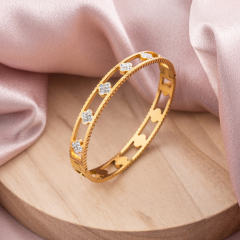 18K Gold Plated Stainless Steel Bangle Bracelet for Women, Hollow Flower CZ Inlaid Cuff Bracelet, Hypoallergenic Clasp ID Bangle Jewelry Gift