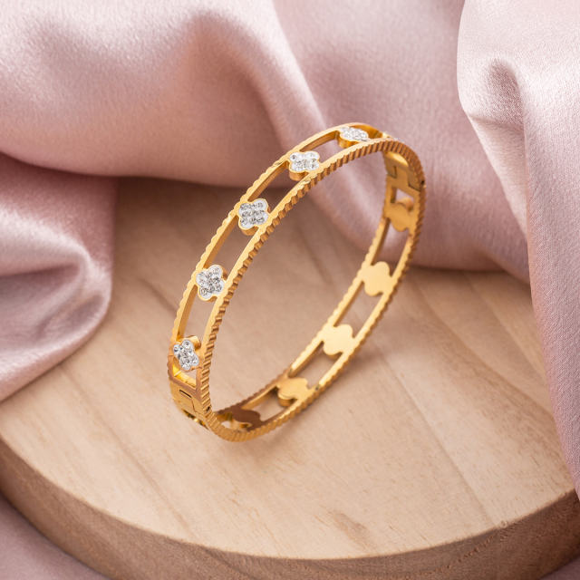 18K Gold Plated Stainless Steel Bangle Bracelet for Women, Hollow Flower CZ Inlaid Cuff Bracelet, Hypoallergenic Clasp ID Bangle Jewelry Gift
