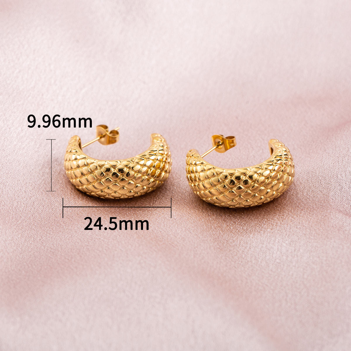 Stainless Steel 18K Gold Vacuum Plated Textured Chunky C Hoop Earrings Puffy Studs Hypoallergenic for Women