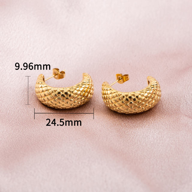 Stainless Steel 18K Gold Vacuum Plated Textured Chunky C Hoop Earrings Puffy Studs Hypoallergenic for Women
