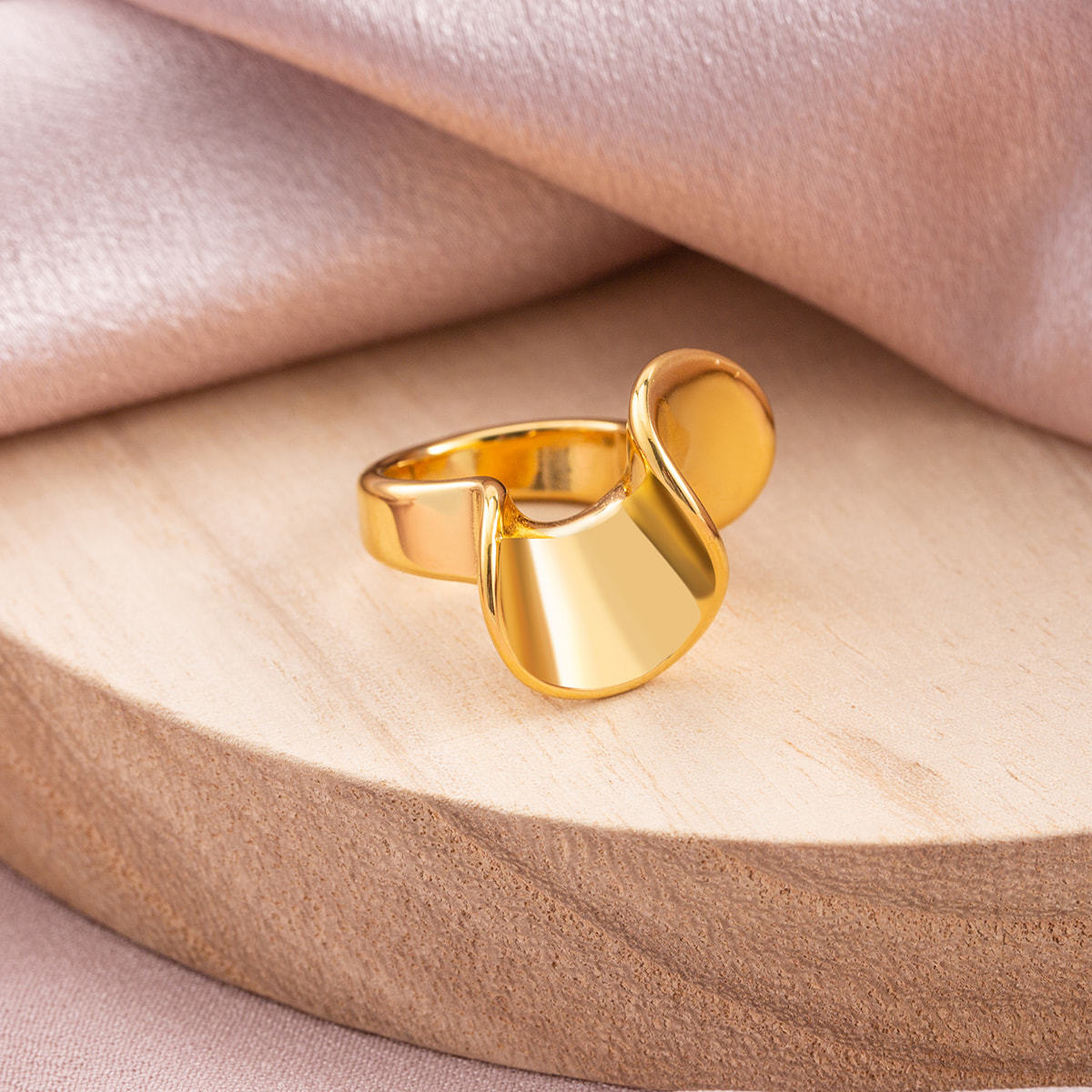 Abstract Wave Statement Ring for Women, 18K Gold PVD Plated Stainless Steel Wide Band Finger Ring, Minimalist Designer Look Jewelry