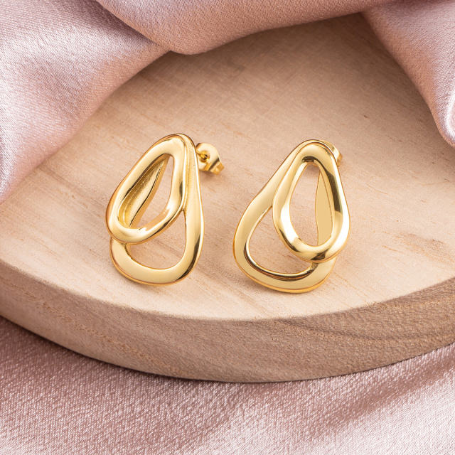 18K Gold Plated Stainless Steel Stud Earrings for Women, Geometric Teardrop Double Intertwined Statement Earrings, Hypoallergenic Fashion Jewelry