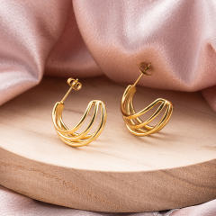 Chunky Multi-Layered Stainless Steel Hoop Earrings for Women, 18K Gold Plated Waterproof Thick Wide C-Shaped Statement Jewelry
