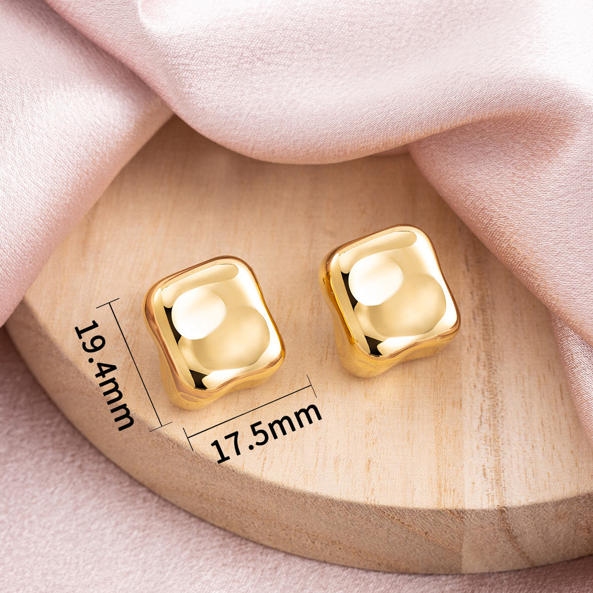 18K Gold Plated Stainless Steel Irregular Square Chunky Stud Earrings, 19.4mm x 17.5mm Geometric Puffy Statement Earrings, Non Tarnish Hypoallergenic Jewelry Gift