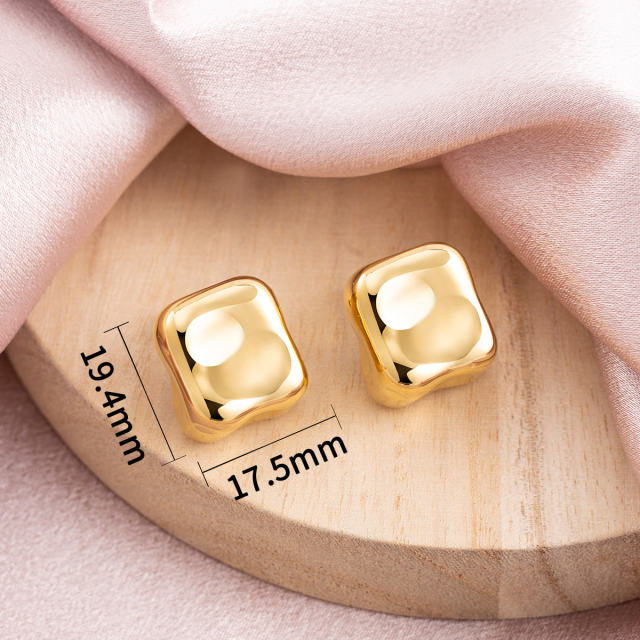 18K Gold Plated Stainless Steel Irregular Square Chunky Stud Earrings, 19.4mm x 17.5mm Geometric Puffy Statement Earrings, Non Tarnish Hypoallergenic Jewelry Gift
