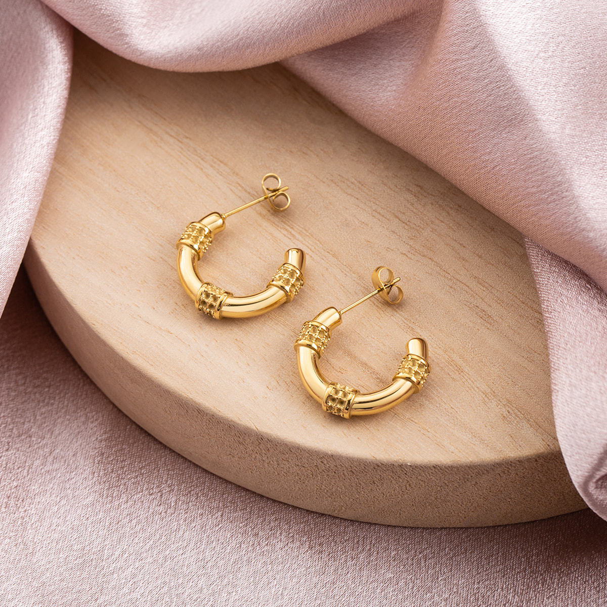 18K Gold Plated Stainless Steel C Hoop Earrings for Women, Dainty Hypoallergenic Textured Huggie Earrings, Water Resistant Half Moon Studs
