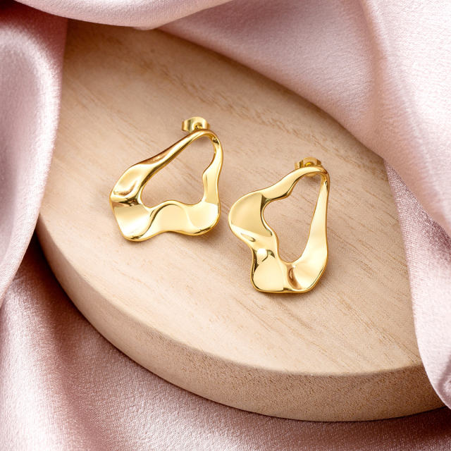18K Gold Plated Stainless Steel Irregular Drop Stud Earrings for Women, Abstract Fluid Trendy Statement Jewelry