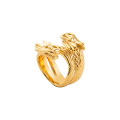 18K Gold Plated Double Dragon Head Ring, Adjustable Stainless Steel Open Wrap Statement Jewelry for Men Women