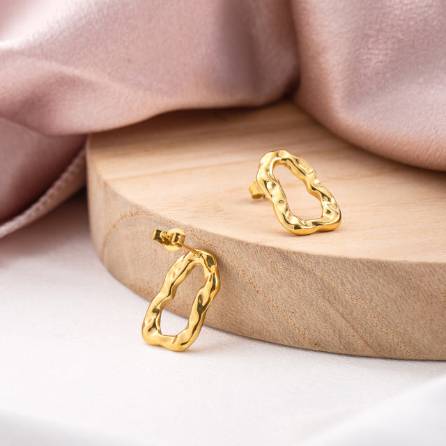 Women's 18K Gold Plated Stainless Steel Irregular Molten Stud Earrings, Trendy Textured Dainty Modern Minimalist Jewelry, Hypoallergenic Post for Daily Wear.