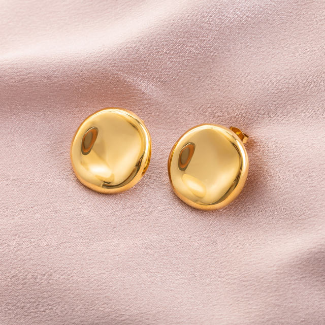 18K Gold Plated Stainless Steel Irregular Stud Earrings for Women, Chunky Hammered Textured Waterdrop Disc Statement Earrings, Hypoallergenic