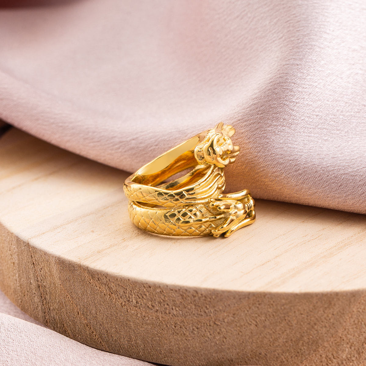 18K Gold Plated Double Dragon Head Ring, Adjustable Stainless Steel Open Wrap Statement Jewelry for Men Women