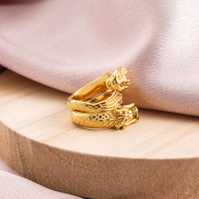 18K Gold Plated Double Dragon Head Ring, Adjustable Stainless Steel Open Wrap Statement Jewelry for Men Women