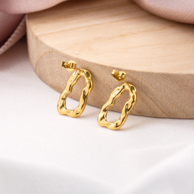 Women's 18K Gold Plated Stainless Steel Irregular Molten Stud Earrings, Trendy Textured Dainty Modern Minimalist Jewelry, Hypoallergenic Post for Daily Wear.