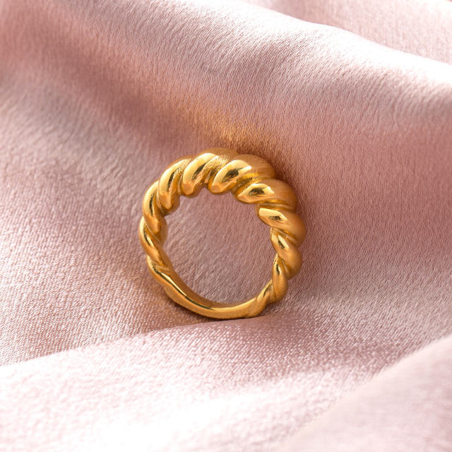 18K Gold Plated Stainless Steel Croissant Dome Ring for Women, Chunky Tarnish Resistant Waterproof Twisted Stackable Ring Jewelry