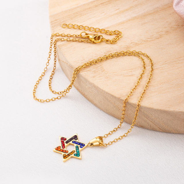 Geometric Star Necklace for Women, Colorful Cubic Zirconia Layered Hexagon Star Pendant 18K Gold Plated Stainless Steel Amulet Protection Jewelry