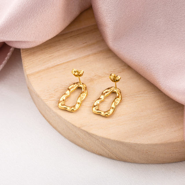 Women's 18K Gold Plated Stainless Steel Irregular Molten Stud Earrings, Trendy Textured Dainty Modern Minimalist Jewelry, Hypoallergenic Post for Daily Wear.