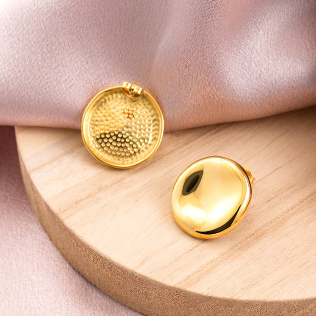 18K Gold Plated Stainless Steel Irregular Stud Earrings for Women, Chunky Hammered Textured Waterdrop Disc Statement Earrings, Hypoallergenic