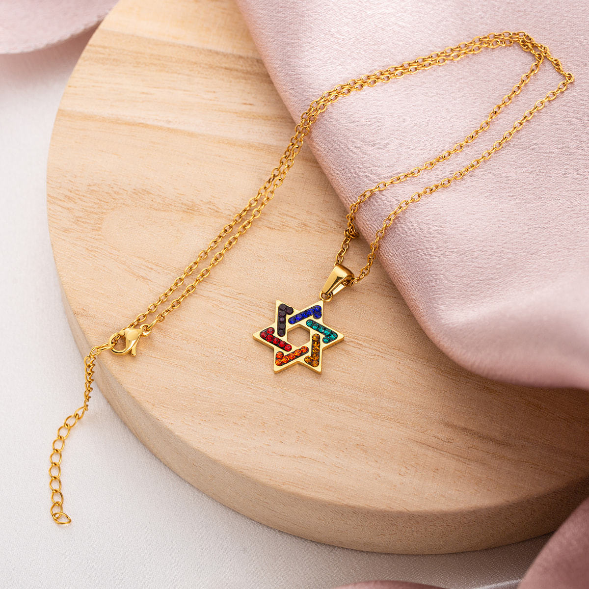 Geometric Star Necklace for Women, Colorful Cubic Zirconia Layered Hexagon Star Pendant 18K Gold Plated Stainless Steel Amulet Protection Jewelry