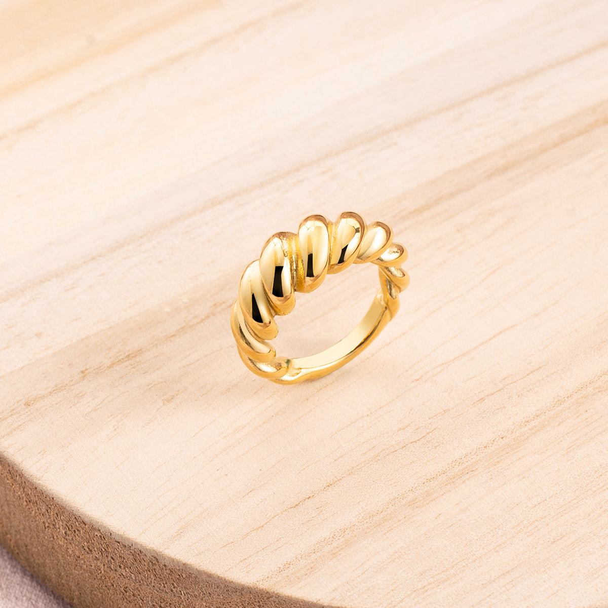 18K Gold Plated Stainless Steel Croissant Dome Ring for Women, Chunky Tarnish Resistant Waterproof Twisted Stackable Ring Jewelry