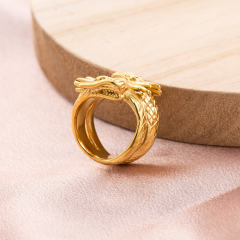 18K Gold Plated Double Dragon Head Ring, Adjustable Stainless Steel Open Wrap Statement Jewelry for Men Women