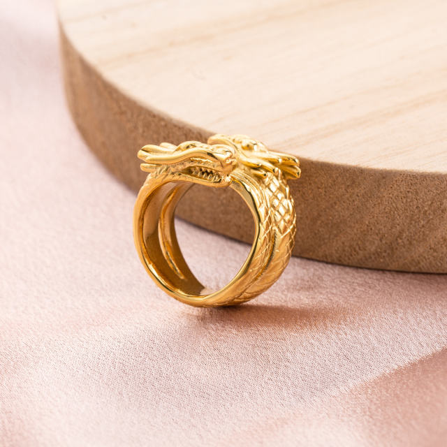18K Gold Plated Double Dragon Head Ring, Adjustable Stainless Steel Open Wrap Statement Jewelry for Men Women
