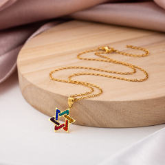 Geometric Star Necklace for Women, Colorful Cubic Zirconia Layered Hexagon Star Pendant 18K Gold Plated Stainless Steel Amulet Protection Jewelry
