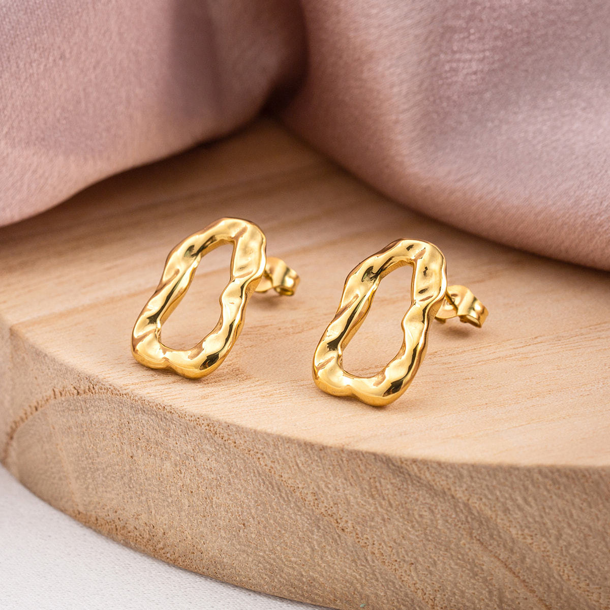 Women's 18K Gold Plated Stainless Steel Irregular Molten Stud Earrings, Trendy Textured Dainty Modern Minimalist Jewelry, Hypoallergenic Post for Daily Wear.
